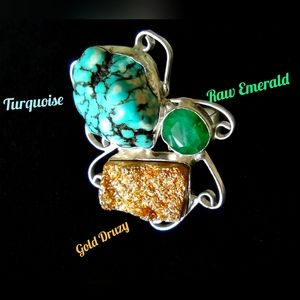 Large Turquoise nugget, gold Druzy, raw Emerald silver ring size 8-8.25 …